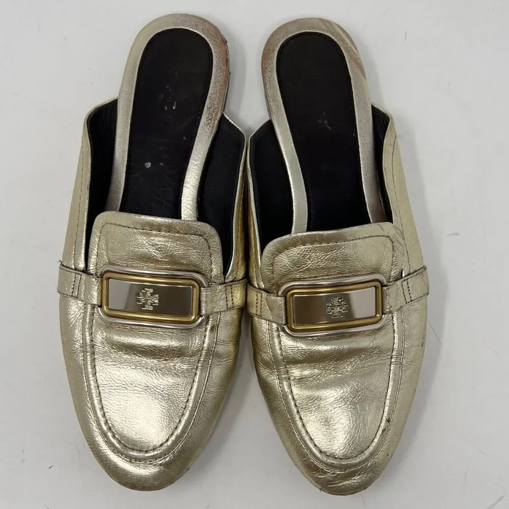 Tory Burch Women’s GEORGIA BACKLESS LOAFER Gold Metallic Leather Size 10